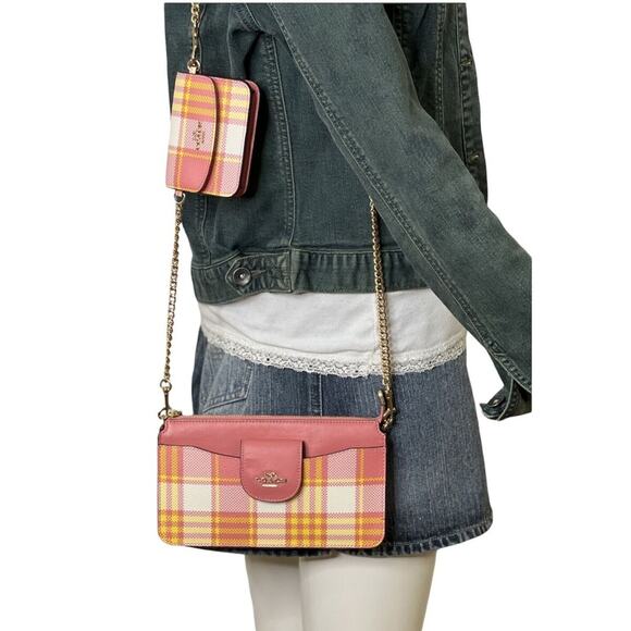 COACH POPPY CROSSBODY PURSE & DETACHABLE CARD CASE IN PINK GARDEN PLAID PRINT - Picture 1 of 5